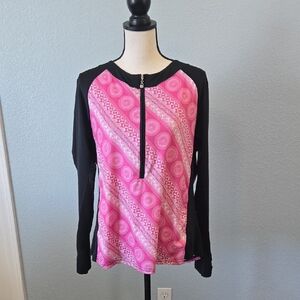 SAN SOLEIL UPF Mock Golf 3/4 Zip Pullover Pink Black Medallion Sz XL